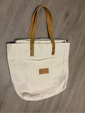 Canvas Tote Bag with Tan Leather Handles - White